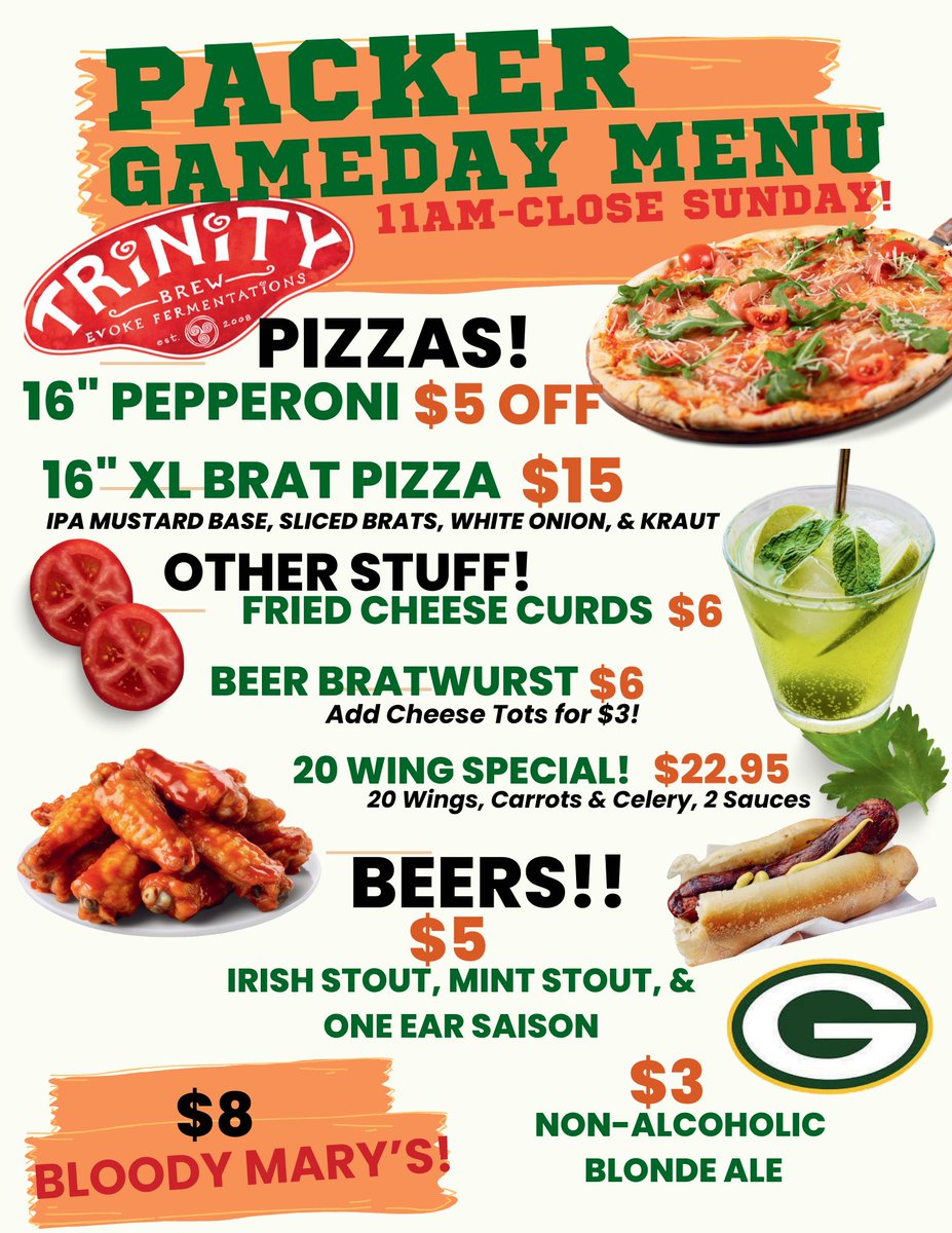 It’s a perfect pairing 2:25pm kickoff for the first Green Bay Packer game of the season and our best Sunday food and beer specials 11 AM to close!!