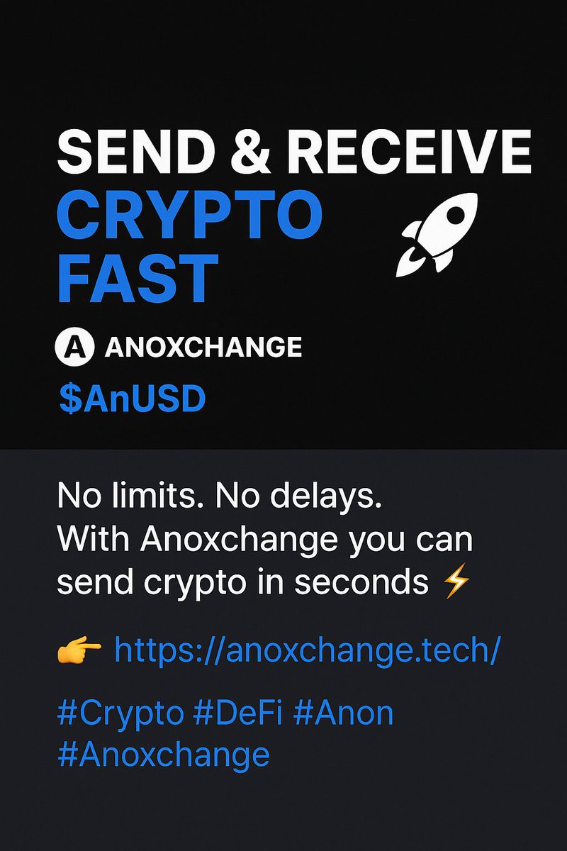 anoxchange's tweet photo. No limits. No delays.
With Anoxchange you can send crypto in seconds ⚡

👉 https://t.co/LoJfvd1dv0
#Crypto #DeFi #Anon #Anoxchange https://t.co/pcqU35bQ43