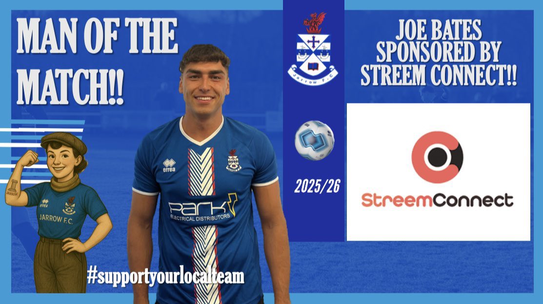 MOTM!! 🍺 

🗣 “Yesterday’s MOTM for a brilliant forward display was Joe Bates! Joe defended from the front, won everything in the air and scored the winner!!”

Joe Bates sponsored by Streem Connect !!

⚽️🔵⚪️🔵⚪️⚽️