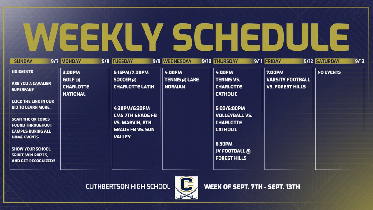 Check out where your favorite CAV athlete or team is this week. Students and staff - don’t forget to scan the QR codes at check in to claim your CAVS superfan status and your chance to win great prizes. #riseasone <a href="/AGHoulihan/">Andrew G. Houlihan</a> <a href="/UCPSNCAthletics/">UCPS NC Athletics</a> <a href="/UCPSNC/">Union County Public Schools</a> <a href="/CuthbertsonHSNC/">Cuthbertson High School</a>