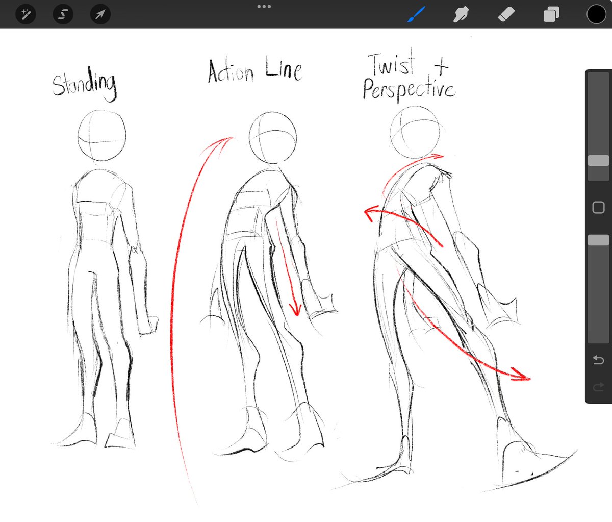 Sketchtropolis's tweet image. Let’s take someone standing. Imagine what personality this person has, let’s say they’re confident and laidback. Now, make a BIG action line and then make the torso+hip, limbs can follow if you want. I went with another action line but it’s straight to contrast the curved one