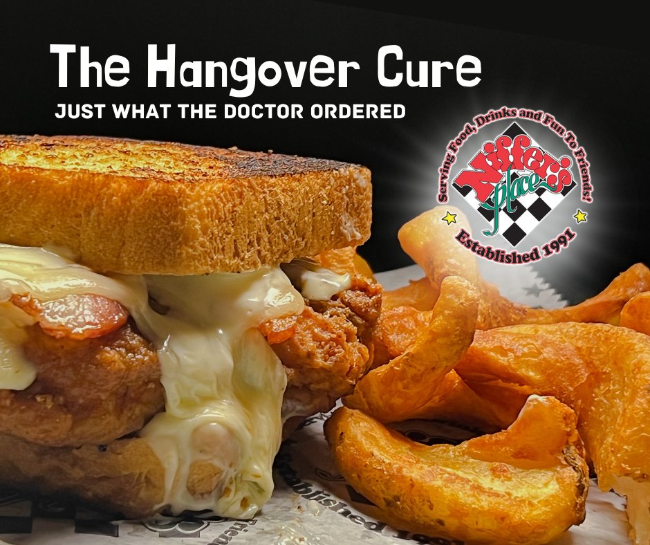 Is today a good day fro "The Hangover Cure"? It's a fried chicken breast with bacon, mozzarella, and Niffer’s white cheese dip on toasted BBQ bread. EAT HERE!