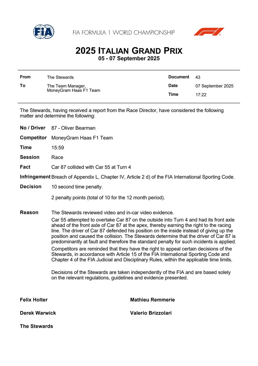 DOC 43 - Infringement - Car 87 - Causing a Collision fia.com/documents #ItalianGP #F1 #FIA