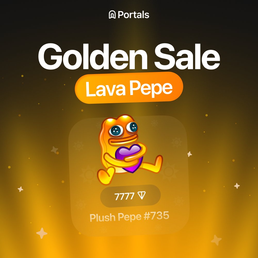 Golden Sale on Portals 💛

Plush Pepe #735 also known as Lava Pepe was sold on Portals for 7777 $TON ~$24,500 🏷️