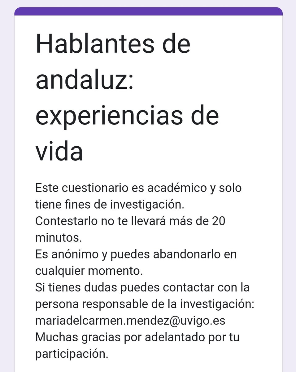 ¿Alguien de #Andalucía por aquí? 
¿Tendríais un ratito para contestarme esto?
Es para un trabajo académico. Completamente anónimo. 
Mil gracias por adelantado🥰🙇‍♀️🙇‍♀️🙇‍♀️
Se agradecen los RT.

forms.gle/bWTmoYJC3jhXh2…