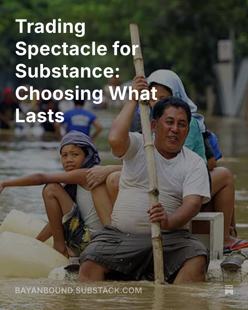We live in a world that celebrates what shines today. But true success is what still stands tomorrow. Let’s start trading spectacle for substance. 🌱

#Philippines #BayanBound #Success #Values #community #growth #mindset #purpose

open.substack.com/pub/bayanbound…