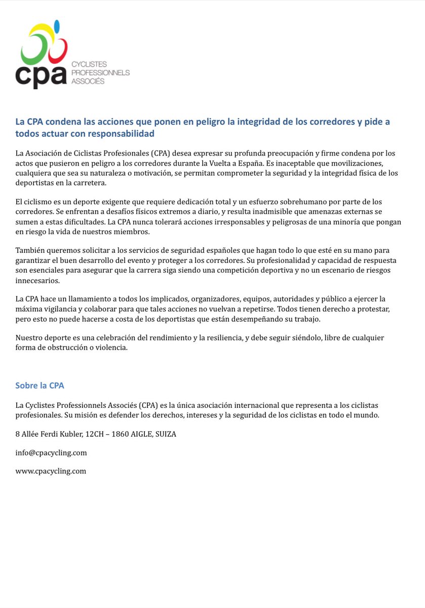 ACPspain's tweet image. Comunicado de @cpacycling en castellano. 

Desde la ACP también apoyamos a todos los corredores del pelotón y expresamos nuestra preocupación con estas situaciones.

Es necesario que se respete la salud y seguridad de los deportistas tanto dentro como fuera de la competición.