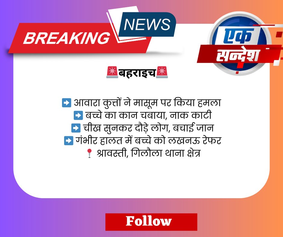 EkSandesh24's tweet image. बहराइच 
➡️ आवारा कुत्तों ने मासूम पर किया हमला
➡️ बच्चे का कान चबाया, नाक काटी
➡️ चीख सुनकर दौड़े लोग, बचाई जान
➡️ गंभीर हालत में बच्चे को लखनऊ रेफर
📍 श्रावस्ती, गिलौला थाना क्षेत्र
#Bahraich #StrayDogs #ChildAttack #UPNews #Emergency
@Uppolice