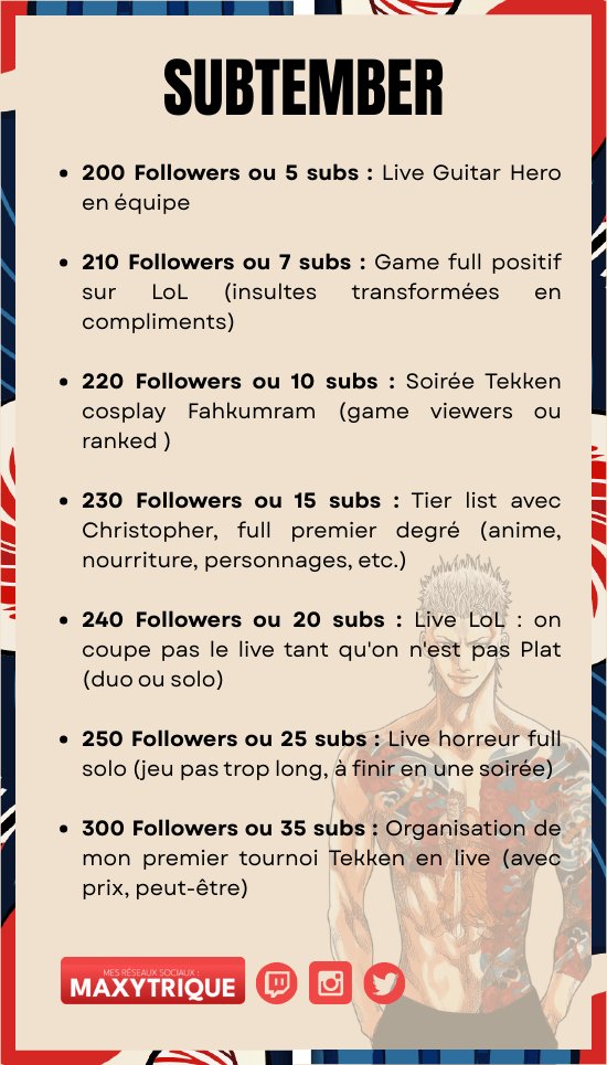 Mon mois de septembre rempli de streams commence demain. Pour ça, j'ai préparé des petites choses à faire si j'atteins certains paliers (follow ou subs).
Mardi : 2xko
Vendredi : Nouvelle saison Marvel Rivals
On va en avoir des choses à faire !
twitch.tv/maxytrique