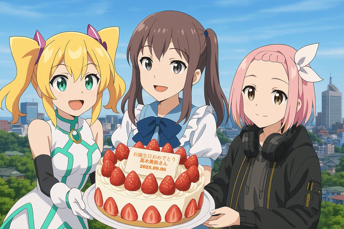 AlexChi74863537's tweet photo. お誕生日おめでとうございます，高木さん 
#高木美佑 #高木美佑誕生祭2025 #宮城県 #仙台市 #AIイラスト︎︎ 
#ハッカドール #ハッカドール1号 
#wakeupgirls #wug #ウェイクアップガールズ #岡本未夕 
#D4DJ #DigDelightDirectDriveDJ #犬寄しのぶ
※このイラストはAIによって生成されたものであり、高木美佑さんのお誕生日を祝う非公式のファンアートです。