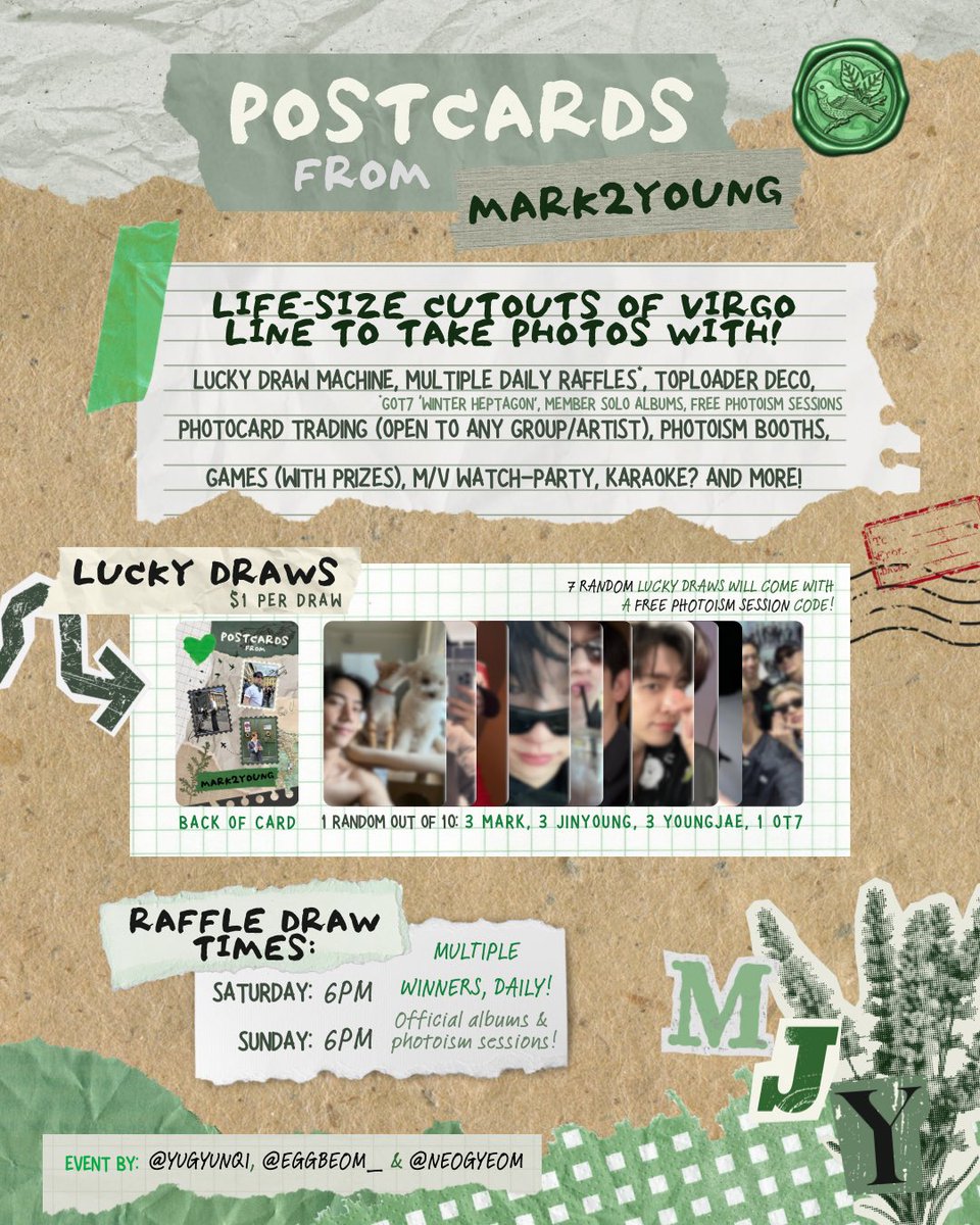 📬 Postcards from MARK2YOUNG —

A special event for Chicago-land Area Ahgase/iGOT7!
🐰🍑🦦🌕🐣💚

Please join us in celebrating GOT7's Virgo line:
Mark, Jinyoung &amp; Youngjae's Birthdays
#POSTCARDSfromMARK2YOUNG

SAT/SUN September 20 &amp; 21
@ 12PM - 7PM
