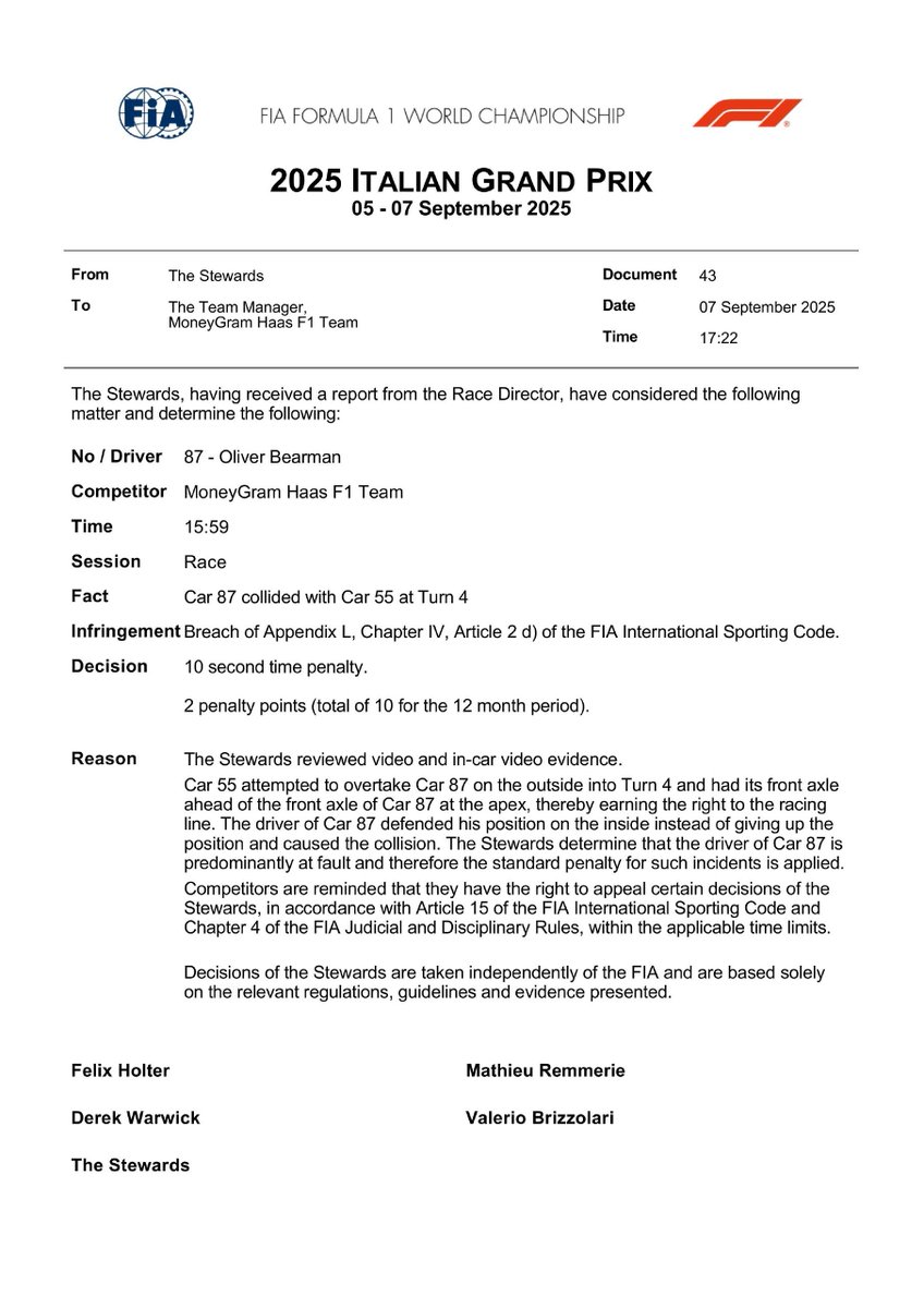 ⚠️ Ollie Bearman recibe 2 puntos en su Superlicencia tras el choque con Carlos Sainz.

Acumula ya 10 puntos de los 12 posibles en un periodo de 12 meses.

El 3 de noviembre es cuando se cumplen los 12 meses del primer punto. ¡Ojo con las acciones del británico!

#F1 #ItalianGP🇮🇹