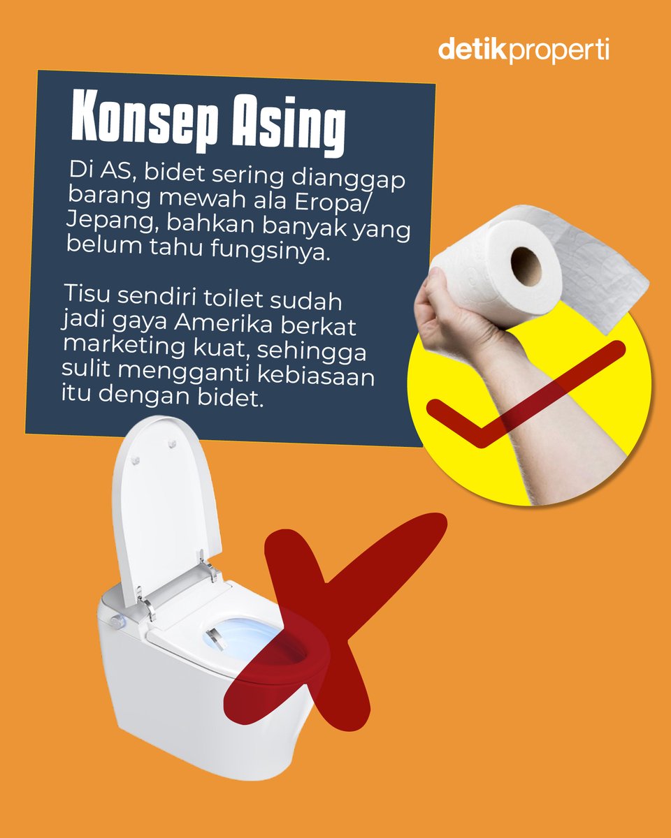 detik_properti's tweet image. Pernah mikir nggak, kenapa toilet di Amerika jarang banget ada bidet? 🤔 Padahal di Indo udah jadi hal biasa buat bersih-bersih setelah ke toilet.⁣
⁣
Di sana, orang-orang lebih sering pakai tisu toilet buat beresin urusan mereka 🚽🧻
⁣
#Bidet #WC #AS #Tisu
