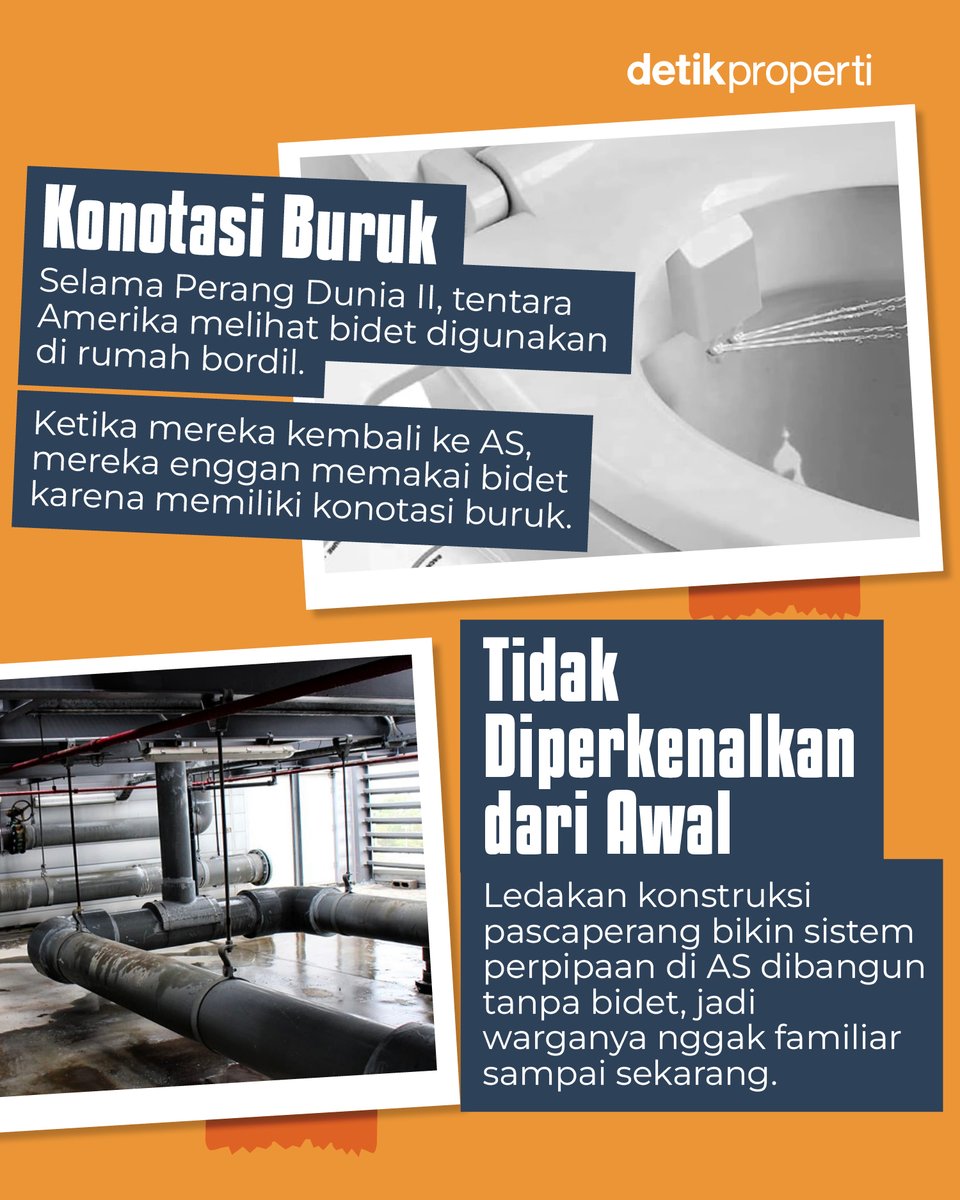 detik_properti's tweet image. Pernah mikir nggak, kenapa toilet di Amerika jarang banget ada bidet? 🤔 Padahal di Indo udah jadi hal biasa buat bersih-bersih setelah ke toilet.⁣
⁣
Di sana, orang-orang lebih sering pakai tisu toilet buat beresin urusan mereka 🚽🧻
⁣
#Bidet #WC #AS #Tisu