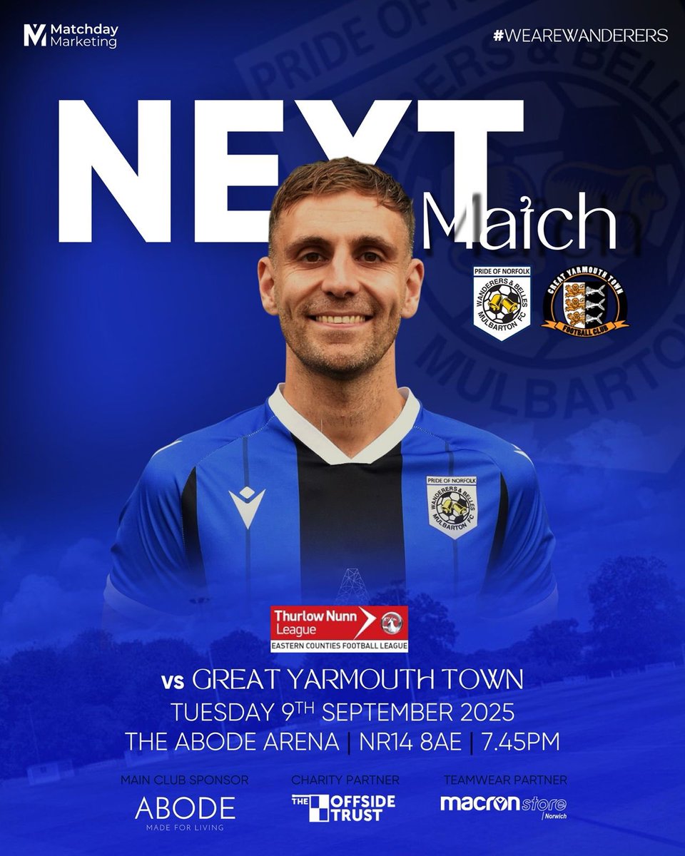 ⏩ NEXT FIXTURE ⏩

On Tuesday evening we welcome  <a href="/The_Bloaters/">Great Yarmouth Town FC</a> to The Abode Arena for our next game in the Premier Division of the <a href="/ThurlowNunnL/">TNL</a> 

Kick off 7:45pm 

💙🖤