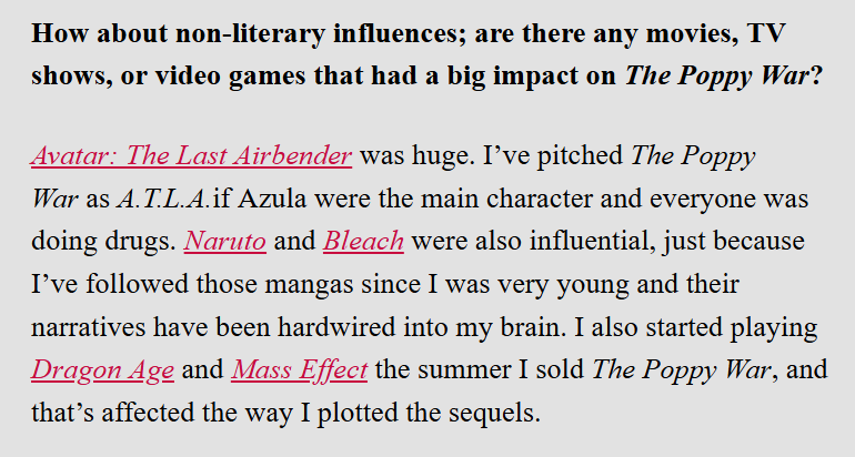 Comecei a ler "A Guerra da Papoula", da R. F. Kuang, e cheguei num trecho em que a protagonista, cujo apelido é Rin, conhece um rapaz chamado Tobi. Como fã de Naruto, dei uma risada na hora. Então fiz uma rápida pesquisa pra confirmar uma coisa. 😆