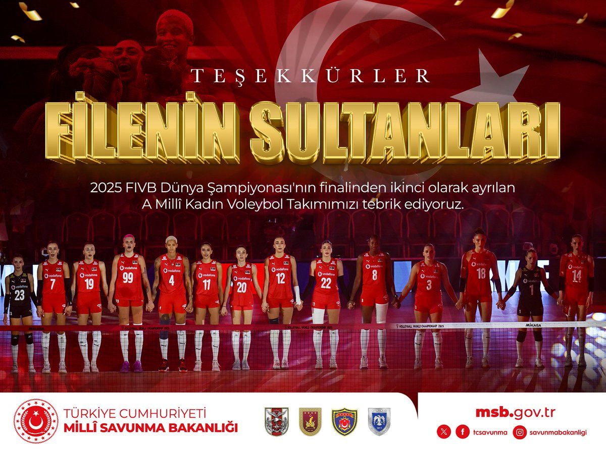 2025 FIVB Kadınlar Voleybol Dünya Şampiyonası’nda ilk kez final oynayarak gümüş madalya kazanan ve turnuva boyunca gösterdiği üstün mücadelesiyle bizlere büyük bir gurur yaşatan #FileninSultanları’nı tebrik ediyoruz.

Başarılarınız daim, yolunuz zaferlerle dolu olsun! 🇹🇷