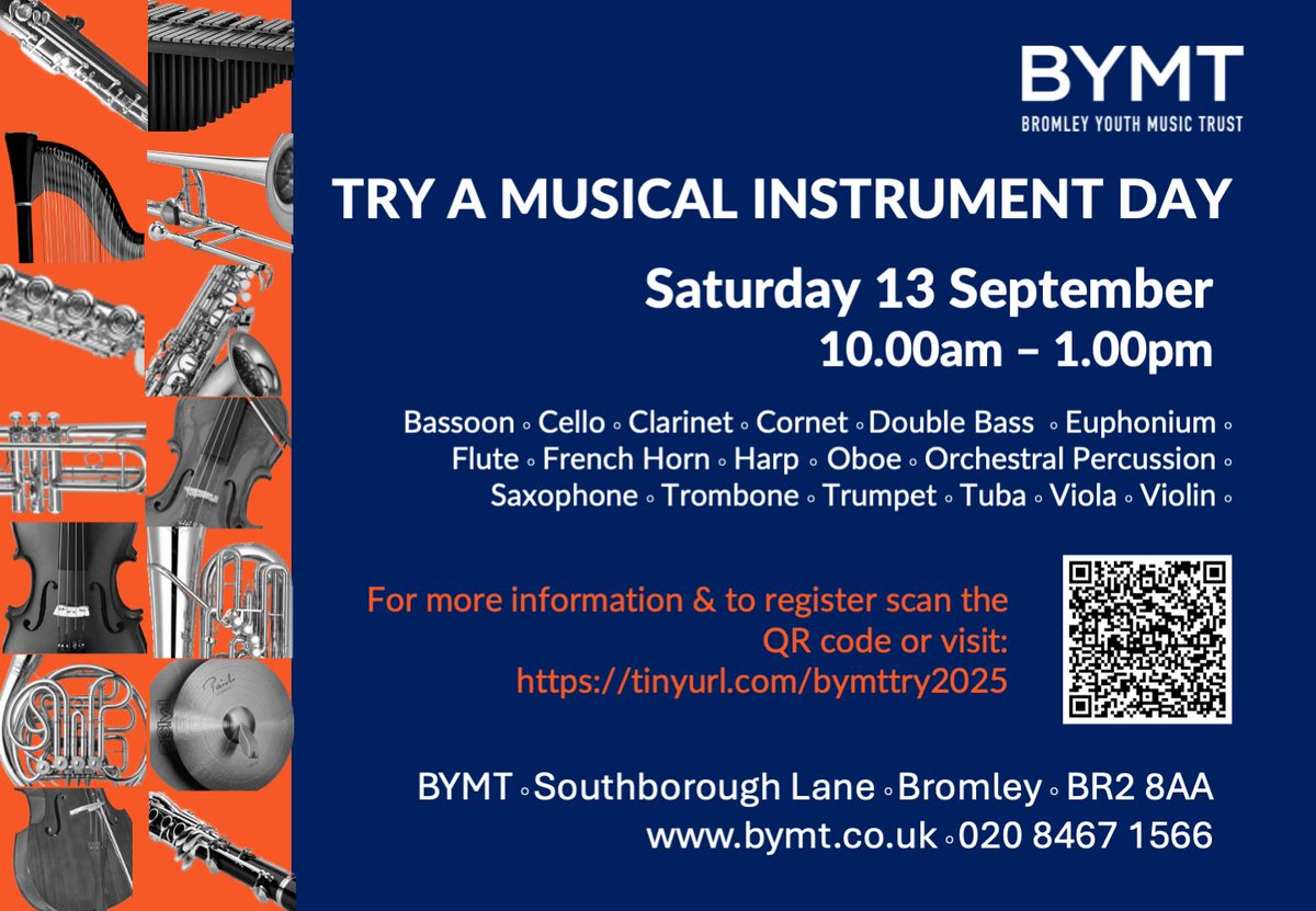 TRY A MUSICAL INSTRUMENT DAY : SATURDAY 13 SEPTEMBER, 10.00am-1.00pm. BYMT will be opening its doors to welcome families with children in school years 3-8. This is your chance to come along, try the instruments, talk to the teachers and make some noise! buff.ly/wFeW4XS