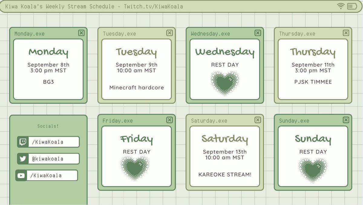 We are back from break!! Here is the stream schedule for this week! Can’t wait to see you cuddle crew!!🐨🫶

#vtuberEN #streamschedule #minecraft #karaoke #bg3 #pjsk