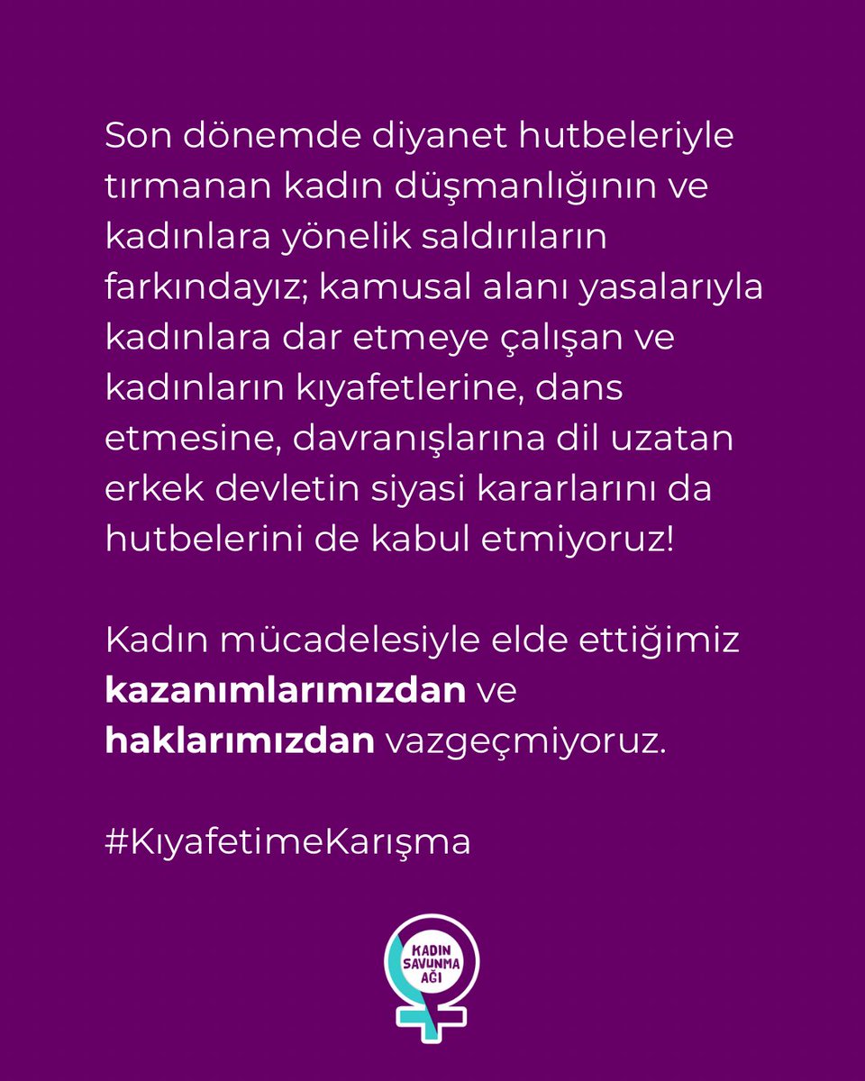 Kadınları hedef gösteren soruşturmaları da hutbeleri de kabul etmiyoruz!

Kadın mücadelesiyle elde ettiğimiz kazanımlarımızdan ve haklarımızdan vazgeçmiyoruz. 

#KıyafetimeKarışma