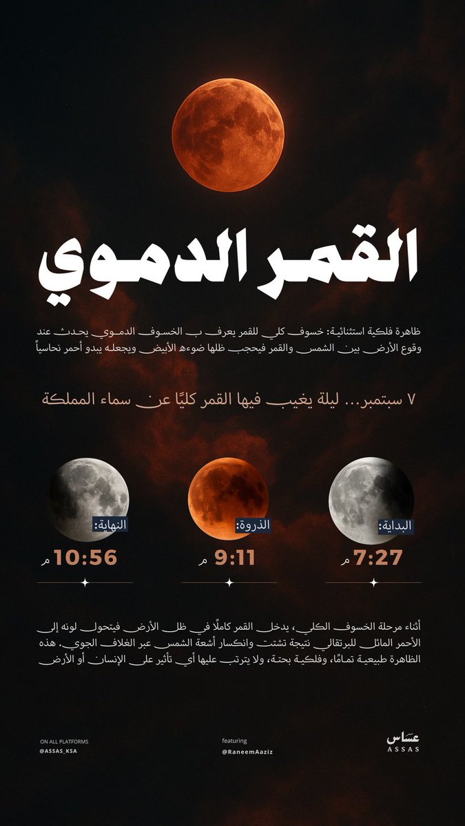 ⬇️🌒🌖🌕🌓🌑🌘

مراحل الخسوف بتوقيت #السعودية |
• يبدأ الخسوف الجزئي: 07:27م
• يبدأ الخسوف الكلي: 08:30م
• الذروة: 09:11م
• نهاية الخسوف الكلي: 09:52م
• نهاية الخسوف الجزئي: 10:56م

مدة الخسوف الكلي: ساعة و 22 دقيقة
تفاصيل اكثر في الصورة من تصميم <a href="/assas_ksa/">عساس</a>
