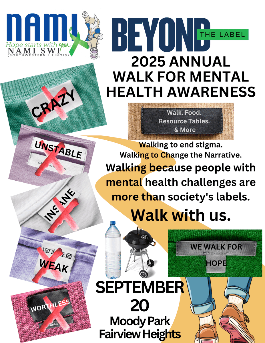 TheCenter62201's tweet photo. Join us with NAMi the 2025 Walk for Mental Health Awareness. 

 ⏰ Check-in 9:30 a.m. Walk starts at 10 a.m., 9-20. 

📍 Moody Park, 525 S Ruby Lane, Fairview Heights

Trails, prizes, picnic, kids’ scavenger hunt, resource tables, local vendors,  &amp; MORE
 https://t.co/cdu3aVzYqZ https://t.co/sDxUXCJtvH