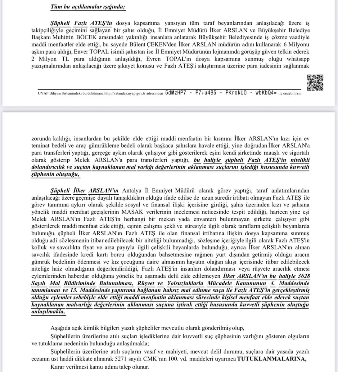 Görevden alınan Antalya Emniyet  Müdürü İlker Arslan hakkında tutuklama istenen sevk yazısı.