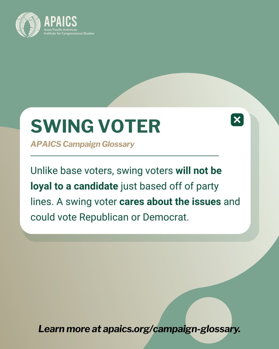 APAICS's tweet image. 📚 Campaign 101: Swing Voter

Understanding how campaigns work starts with knowing the language. Explore what “swing voter” means and why it matters.

👉 Check out the full glossary here: apaics.org/campaign-gloss… 

#APAICSLeads #CampaignGlossary