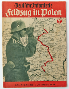Cover of Feldzug in Polen (Campaign in Poland, 1939). This propaganda publication’s cover depicts the demarcation line dividing the German and Soviet partitions.

Collection of Robert Jan van Pelt part of <a href="/auschwitzxhibit/">Auschwitz Exhibition</a>.