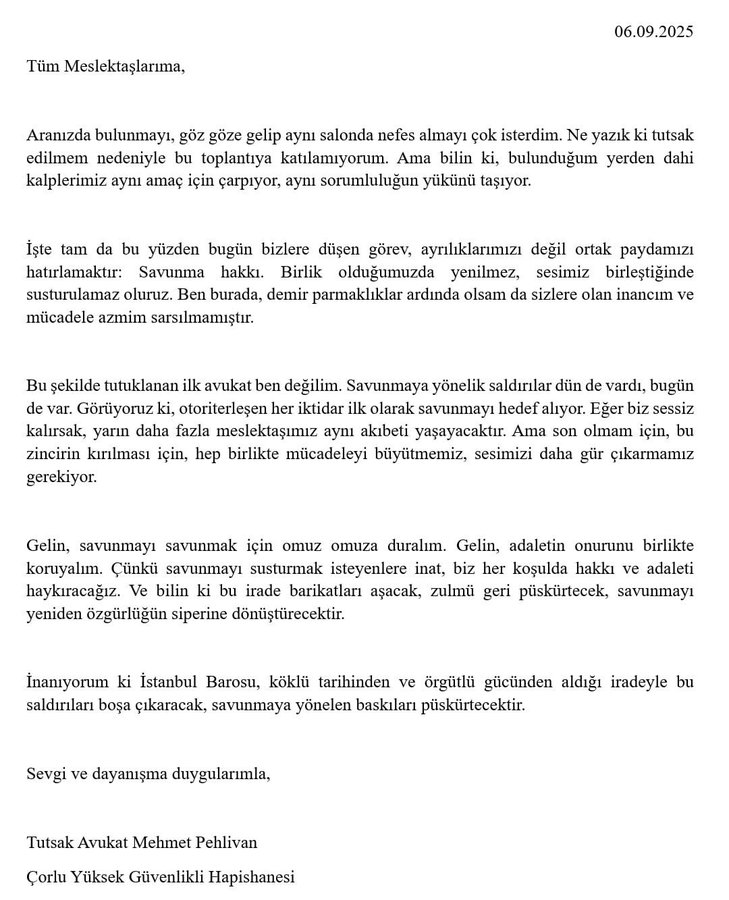 Tutuklanan avukat Mehmet Pehlivan: 

"...Bu şekilde tutuklanan ilk avukat ben değilim. Savunmaya yönelik saldırılar dün de vardı, bugün de var. Görüyoruz ki, otoriterleşen her iktidar ilk olarak savunmayı hedef alıyor. Eğer biz sessiz kalırsak, yarın daha fazla meslektaşımız aynı