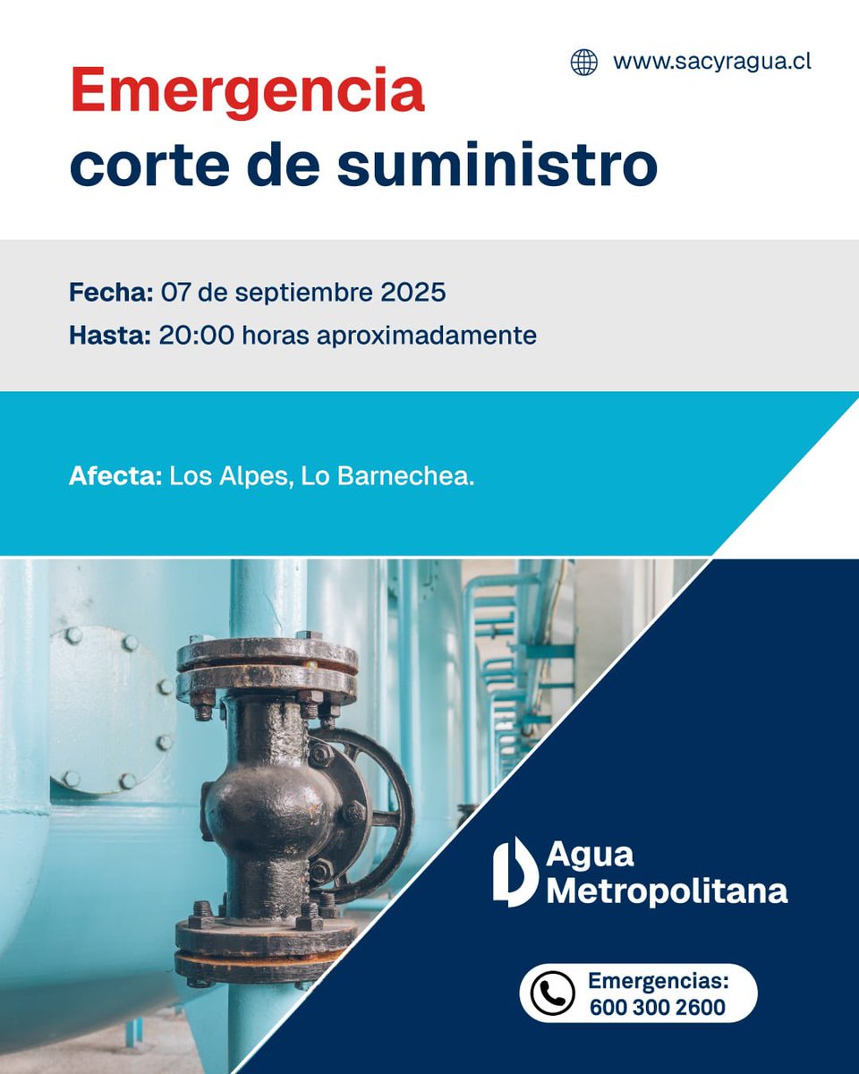 ¡ATENCIÓN VECINOS!

La empresa <a href="/SacyrAguaChile/">Sacyr Agua Chile</a> informó corte de suministro de agua en sector Los Alpes hasta las 20:00 hrs.