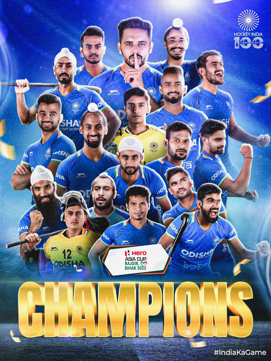 Hkhandelwal1964's tweet photo. भारत विजयी भव: ..!!
भारत का परचम एशिया में लहराया 🏑🇮🇳

8 वर्ष के बाद भारत ने एशिया कप हॉक़ी 2025 जीतकर इतिहास रच दिया।

फाइनल मुकाबले में टीम इंडिया ने शानदार प्रदर्शन करते हुए दक्षिण कोरिया को 4-1 से हराकर खिताब अपने नाम कर देश का गौरव बढ़ाया हैं।

पुरुष हॉकी एशिया कप 2025 की विजेता भारतीय हॉकी टीम के प्रत्येक सदस्य का हृदयतल से अभिनंदन! हमे अपने खिलाड़ियों पर गर्व हैं।
#AsiaCupHockey #TeamIndia