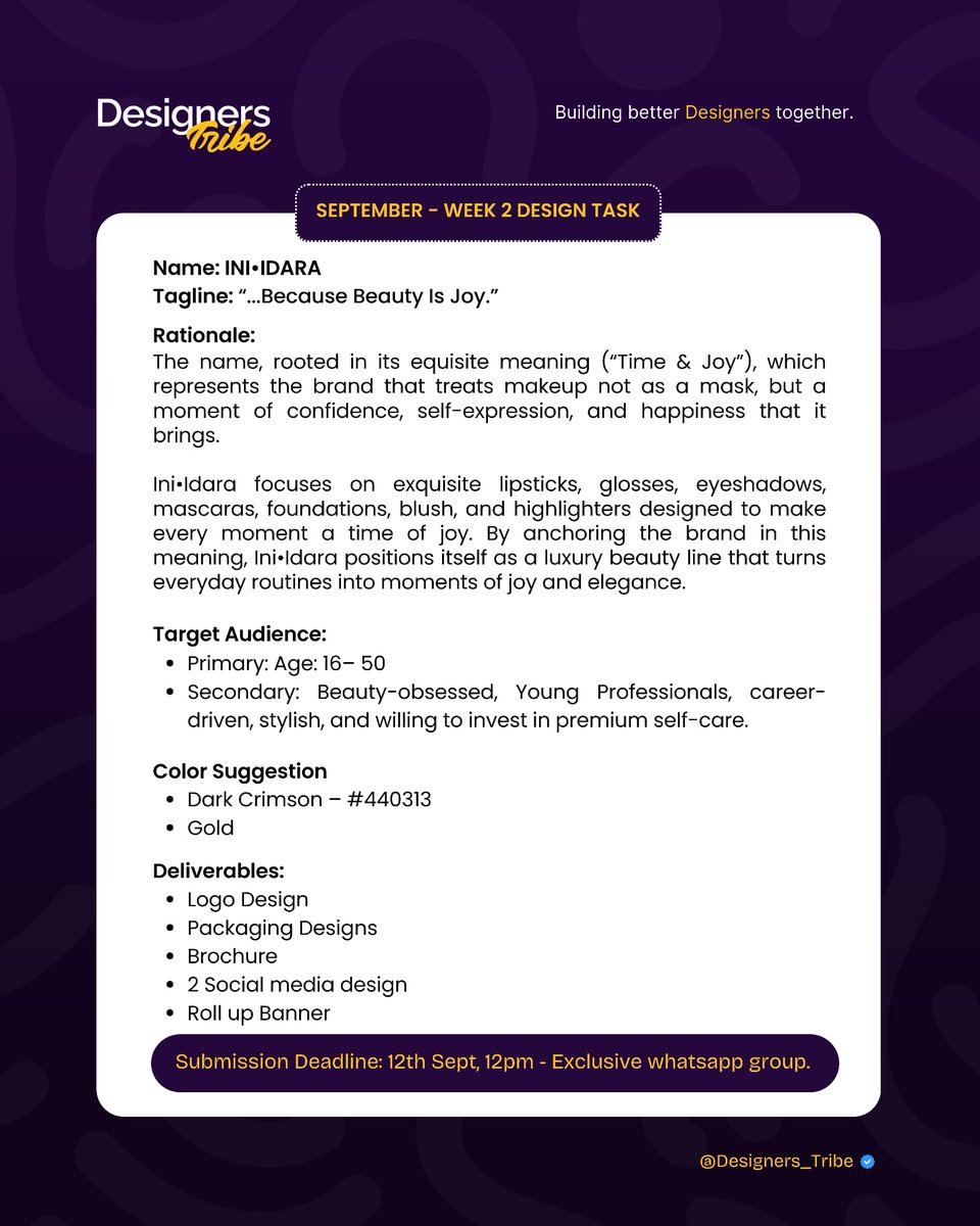 Designers_Tribe's tweet image. DESIGN BRIEF

FRAME 1 for Graphic Designers

FRAME 2 for Ui/Ux Designers

Brand Name: INI•IDARA

Tagline: Because Beauty Is Joy.

Target Audience 
Primary: Age: 16–50

Secondary: Beauty-obsessed, Young Professionals, career-driven, stylish, and willing to invest in premium…