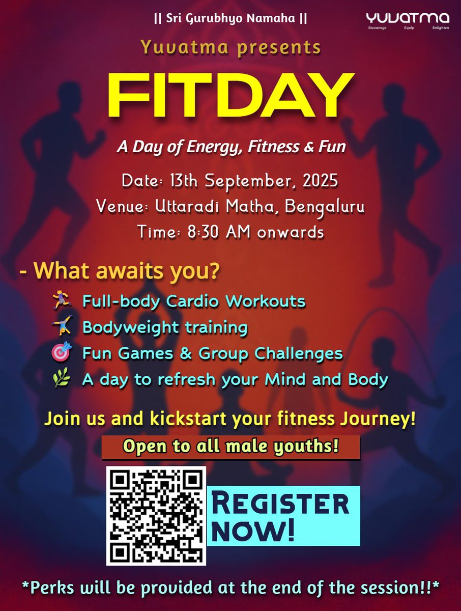 Sri Gurubhyo Namaha

Yuvatma presents “FitDay” - A session of Energy, Fitness, and Fun! Scheduled for 13th September 2025, Saturday, at Uttaradi Matha, Bengaluru, this vibrant event invites all male youth to kickstart their fitness journey with invigorating full-body cardio