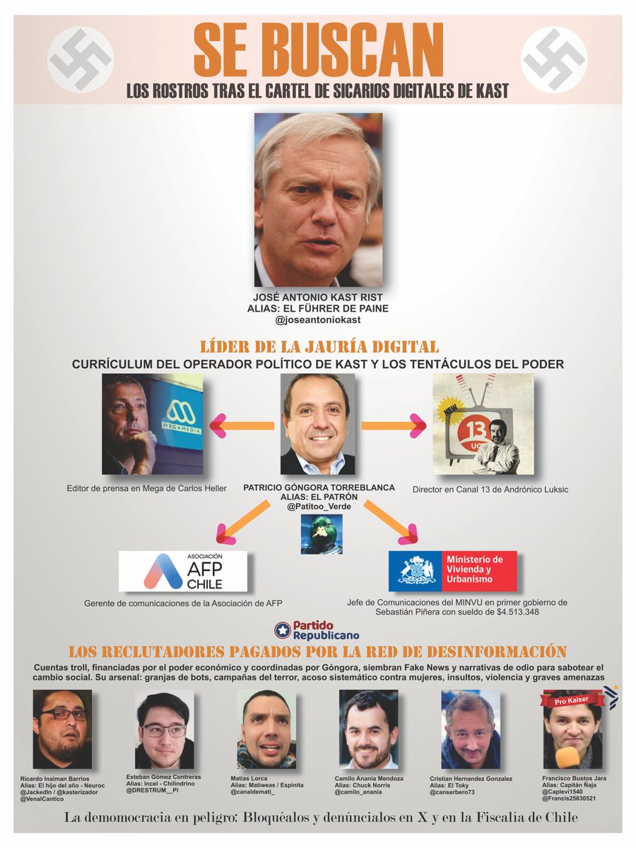 ¡SE BUSCAN!

Ya que a Iván Valenzuela le prohibieron hablar de su jefe Patricio Góngora y Canal 13 anda censurando a los que hablen del tema, estos son los rostros y nombres tras reportaje de <a href="/chvnoticias/">CHV Noticias</a> 👇🧐

#MesaCentral #ENacional #EstadoNacional #apagael13 #Cadem #ContigoCHV