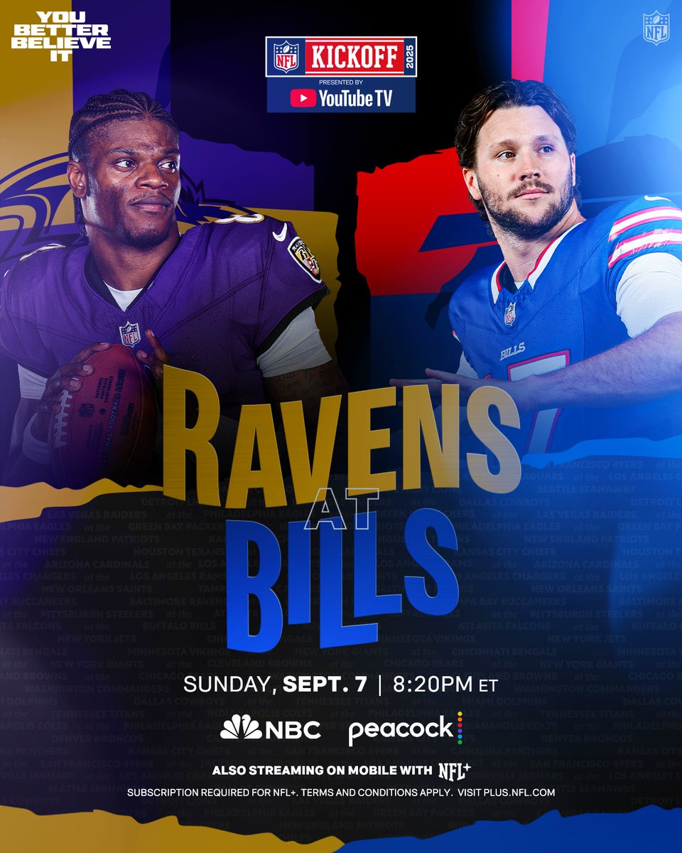 NFL's tweet image. Sunday nights don't get much better than this.

BALvsBUF – Sunday 8:20pm ET on NBC
Stream on @NFLPlus + Peacock