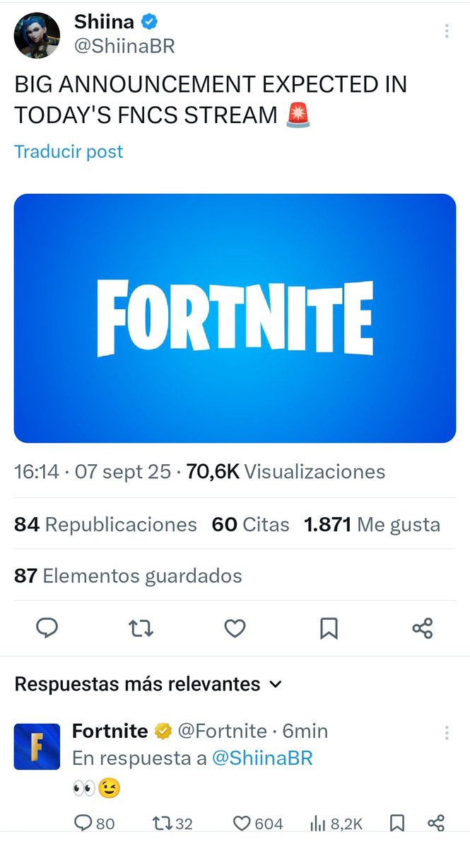 La cuenta de Fortnite ha confirmado en la cuenta de <a href="/ShiinaBR/">Shiina</a> QUE HABRÁ UN GRAN ANUNCIO AL FINAL EN LA FNCS!

#Fortnite