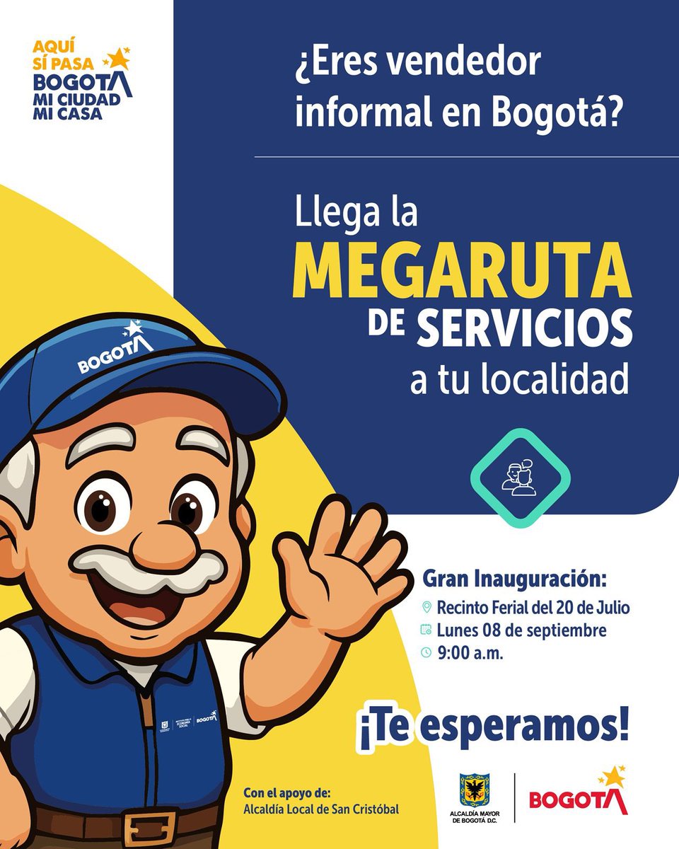 IPESBogota's tweet photo. 💪 Arranca la #MegaRutadeServicios en tu localidad 🚀
Una semana con oferta del IPES y +5 entidades para apoyar a quienes trabajan en el espacio público.
 
📍 Primera Parada: Recinto Ferial 20 de Julio – #SanCristóbal
📅 8-14 sept https://t.co/ZmNv36A8w4