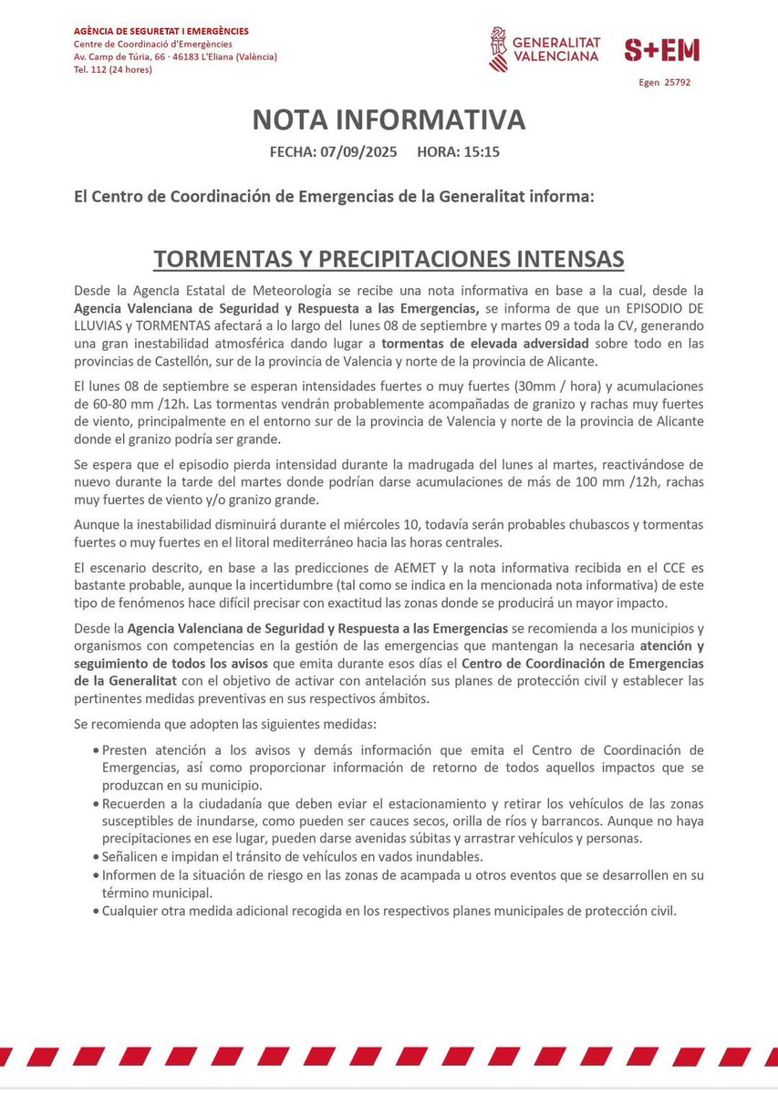 AdeneGeifa's tweet photo. El Centro de Coordinación de Emergencias de la @generalitat emite un aviso especial ante el episodio de lluvias intensas y tormentas que afectarán a gran parte de la Comunitat Valenciana el lunes y el martes.

⚠Se recomienda extremar la vigilancia y seguridad . https://t.co/Oos4heCXGP