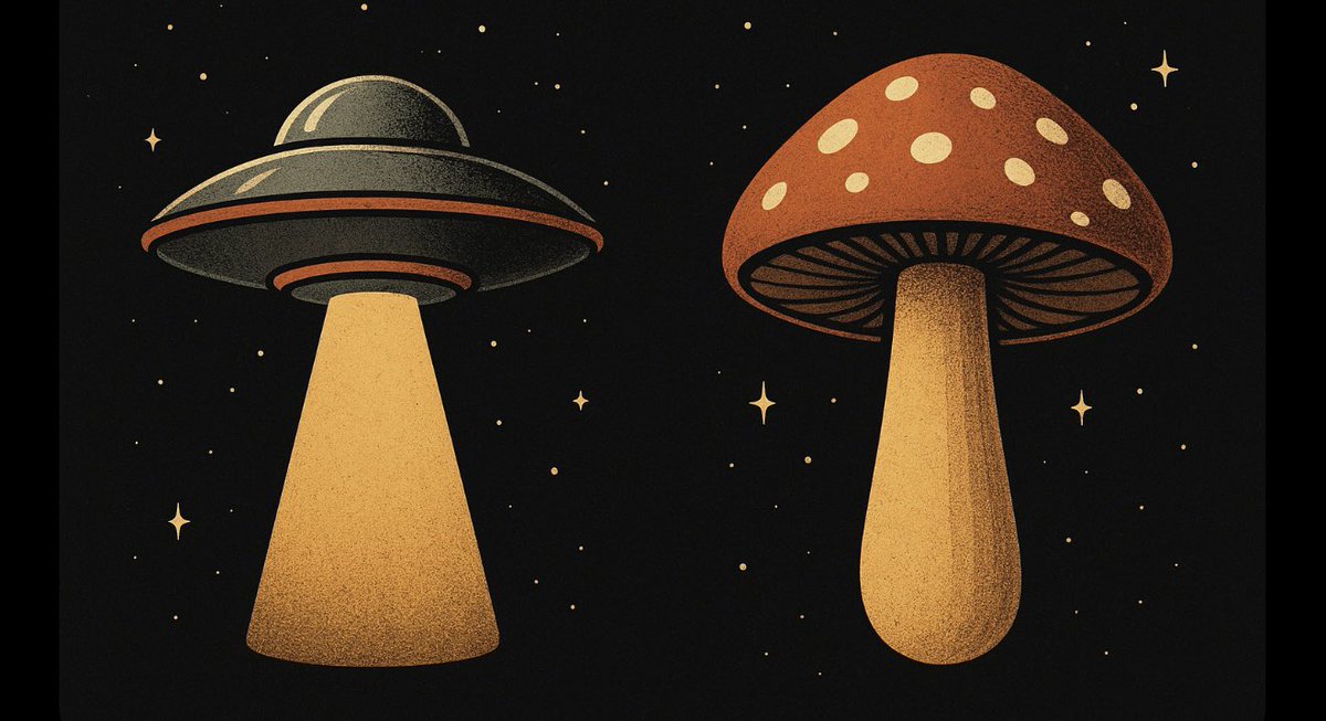 Random thoughts that occur while running … the common image used to depict a UFO beaming light looks a lot like a mushroom.  Make of this what you will.  😂😎👽

Thanks ChatGPT for humoring me and drawing this image.