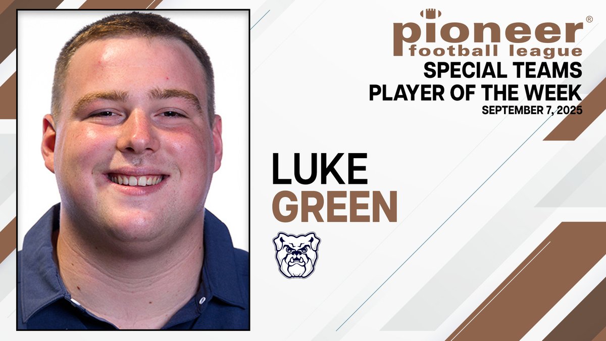 𝗧𝗵𝗲 𝗣𝗙𝗟 𝗦𝗽𝗲𝗰𝗶𝗮𝗹 𝗧𝗲𝗮𝗺𝘀 𝗣𝗹𝗮𝘆𝗲𝗿 𝗼𝗳 𝘁𝗵𝗲 𝗪𝗲𝗲𝗸!

Luke Green, Butler 
Blocked two PAT kicks to help Butler fend off a late Truman State run and post a 37-27 victory.

<a href="/ButlerUFootball/">Butler Football</a> | #FCSisBest