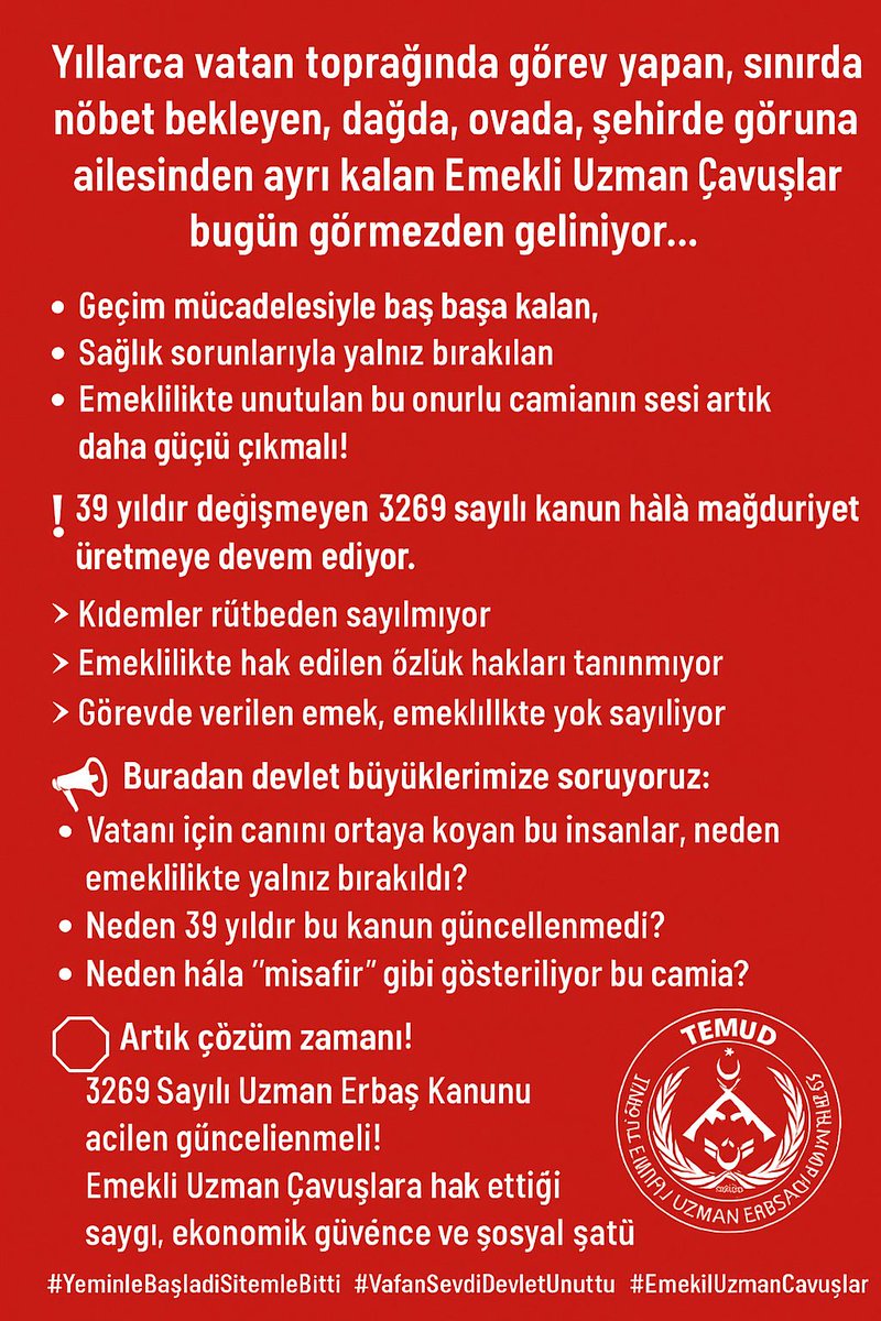 TEMUD_2024's tweet photo. Uzman çavuşluk görevi, yeminle başlayan kutsal bir vazifedir. Ancak 39 yıldır süren hak ihlalleri ve sorunlar, emekli uzman çavuşlarımızı mağdur etmeye devam ediyor. 
Kıdemlerimiz rütbeden sayılmıyor; yılların emeği, hakkımız olan saygı görmüyor. Sağlık yönetmeliği, mesleğimizin risklerini ve yaşadığımız sağlık sorunlarını görmezden geliyor, adil olmayan uygulamalarla bizleri yalnız bırakıyor. 
Atama yönetmeliği adaletsizliği, kariyer haklarımızı engelliyor, birçok uzman çavuş hak ettiği yerde görev yapamıyor. Emeklilik maaşlarımız ise yaşam standartlarımızı karşılamıyor, düşük maaşlarla geçim sıkıntısı kaçınılmaz hale geliyor. Mesleki güvence yokluğu, geleceğimize dair belirsizlikleri artırıyor.  

#BedelÖdeyenUzmanÇavuşlaraHak
#EmekliUzmanÇavuşunSesi
#39YılınHakkıNerede
#BirlikteGüçlüyüzTEMUD
#UzmanÇavuş

@TEMUD_2024 @alitilkici38