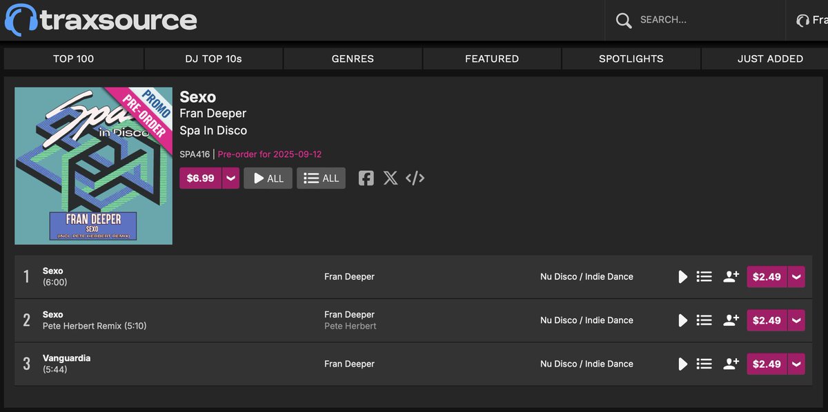 ✨ New chapter at Spa In Disco ✨
Fran Deeper – Sexo EP (incl. amazing Pete Herbert Remix) plus another track 

🚀 Out this Friday on Traxsource
.
traxsource.com/title/2610155/…
.
🌍 Next week on Juno Download &amp; Beatport / 👉 Get your copy now!
.
SoundCloud: on.soundcloud.com/Qb368yLcQTFDBa…