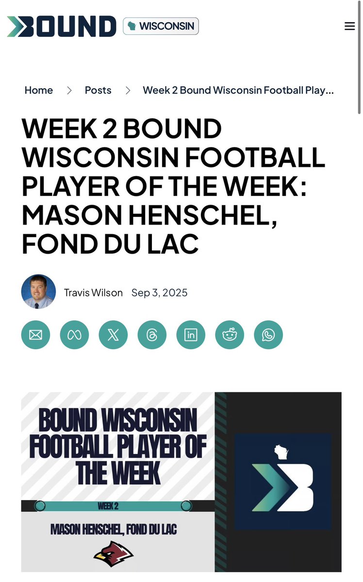Blessed to be named <a href="/Bound_wi/">Bound Wisconsin</a> Week 2 Wisconsin Player of the Week. Thanks to my team I was able to preform the way I did!💪

<a href="/FondyFB/">Fond du Lac Football</a> <a href="/TravisBOUND/">Travis Wilson</a> <a href="/MJ_NFLDraft/">Mark Johnson</a>