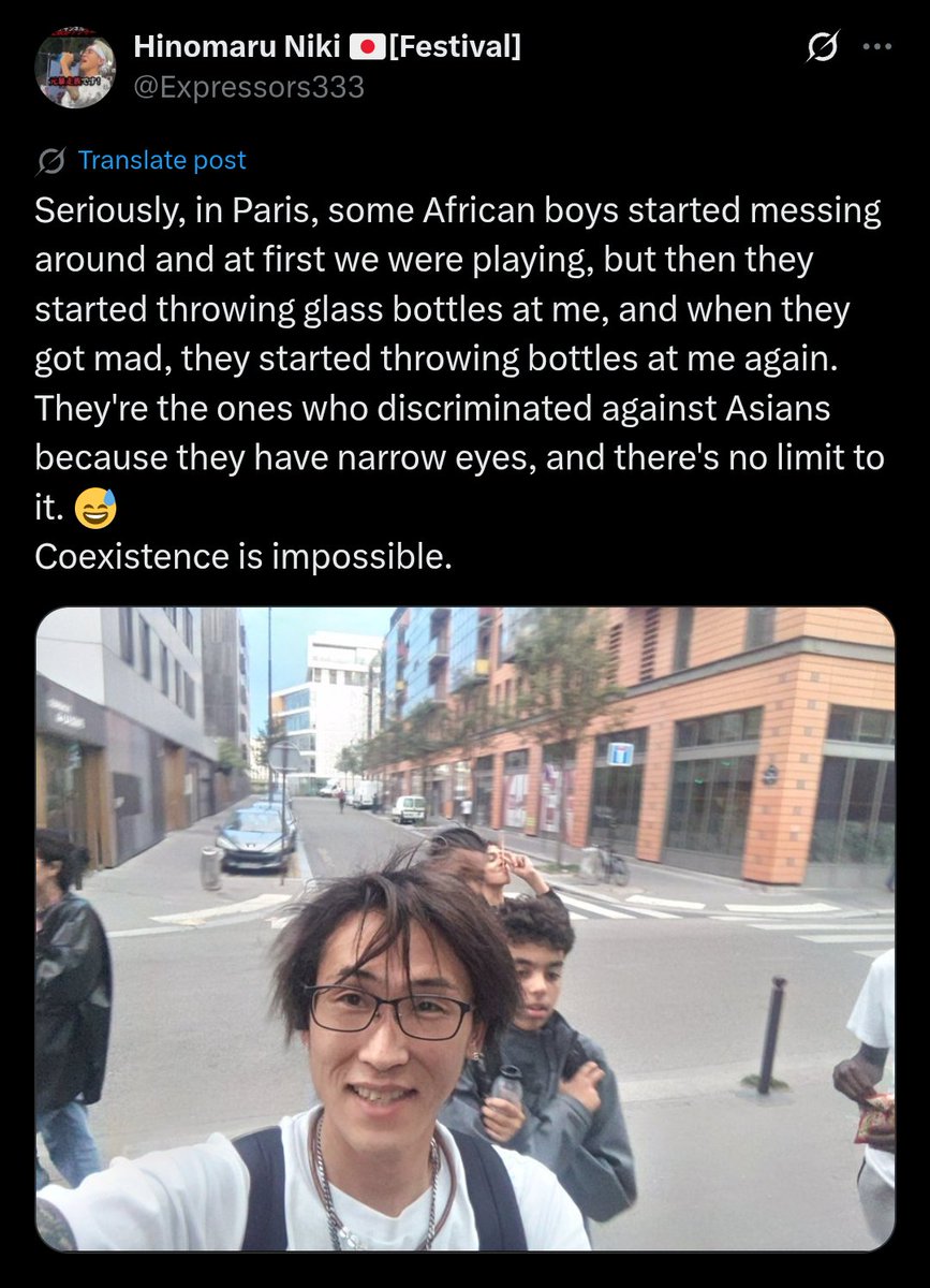 Former biker gang leader Hinomaru Nikki goes to Paris to investigate the effects Multiculturalism has had on Europe &amp; was immediately harassed by African kids who mocked his East Asian eyes &amp; threw bottles at him. 

He quickly concluded that coexistence with Africans is