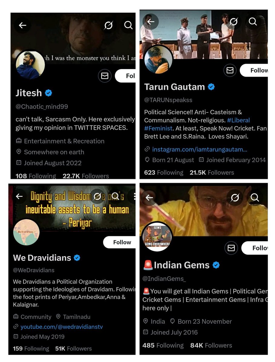 सतर्क रहें 🚨 ज़्यादा से ज़्यादा शेयर कर दूसरों को भी सचेत करें 👇🏽👇🏽

1.पहला अकाउंट - इंडियन जेम्स
एडमिन - बांग्लादेश से अब्दुर रज्जाक

2.दूसरा अकाउंट - वी द्रविड़ियन्स
एडमिन - बांग्लादेश से आबिद हसन

3.तीसरा अकाउंट - तरुण
एडमिन - पाकिस्तान से फवाद शेख

4.चौथा अकाउंट - जितेश