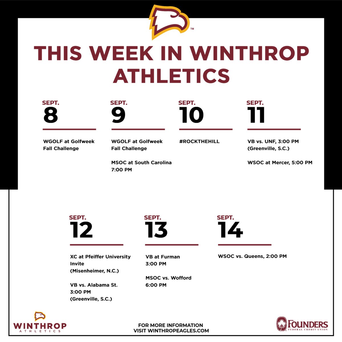 𝗧𝗵𝗶𝘀 𝗪𝗲𝗲𝗸 𝗜𝗻 𝗪𝗶𝗻𝘁𝗵𝗿𝗼𝗽 𝗔𝘁𝗵𝗹𝗲𝘁𝗶𝗰𝘀🦅

Several teams competing this week!

Home contests⤵️
@Winthropsoccer Saturday vs. Wofford 
@WinthropWsoccer vs. Queens Sunday afternoon

#ROCKtheHILL