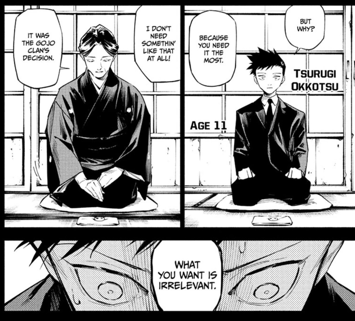 seeing that the gojo clan's stuck with tradition and hadn't really fallen by taking away the ring yuka had (in which yuta literally gave it to her) and giving it to tsurugi because it was "their decision" even tho he didn't want it