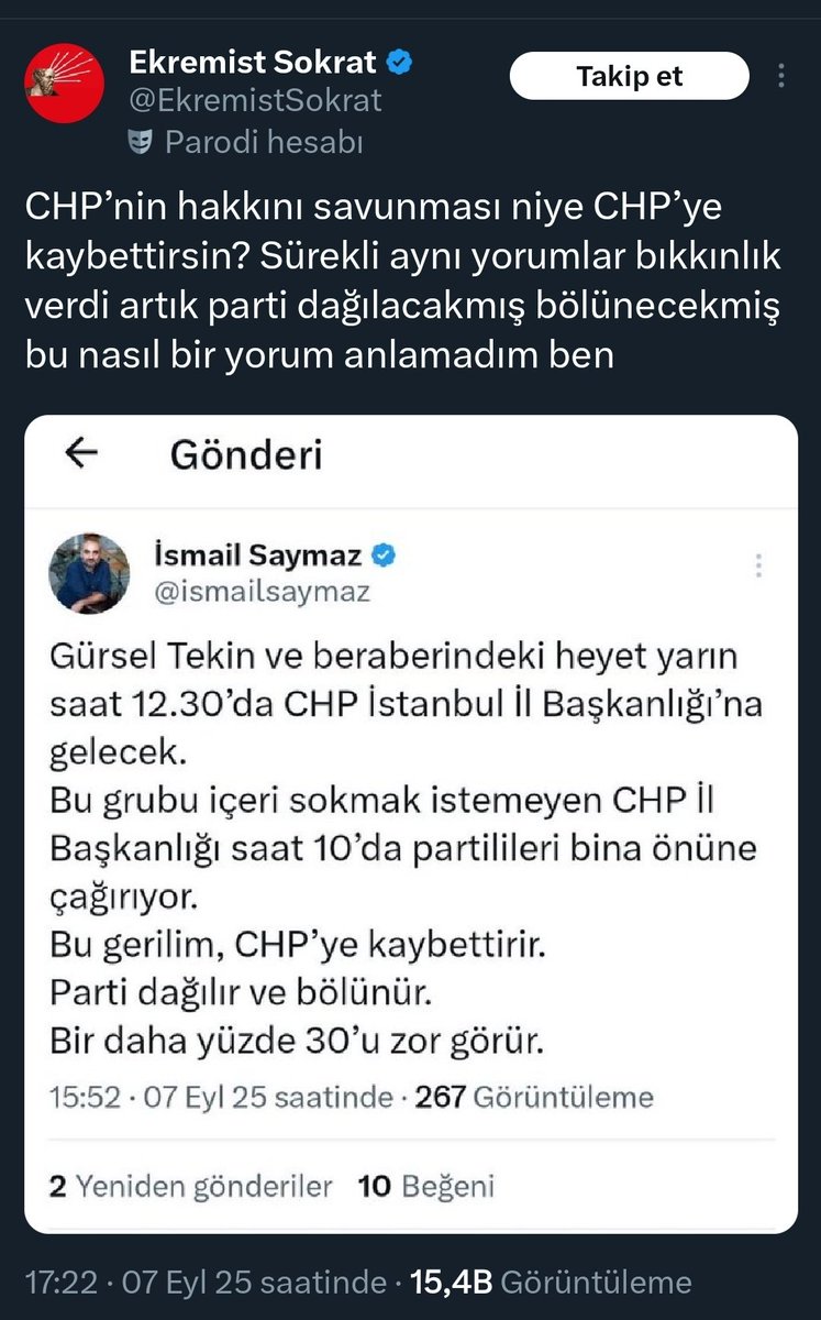 Ekremist Sakatat bu tweet'i atınca, İsmail Saymaz korkudan tweet'ini sildi.

<a href="/herkesicinCHP/">CHP 🇹🇷</a> 
<a href="/ismailsaymaz/">İsmail Saymaz</a>