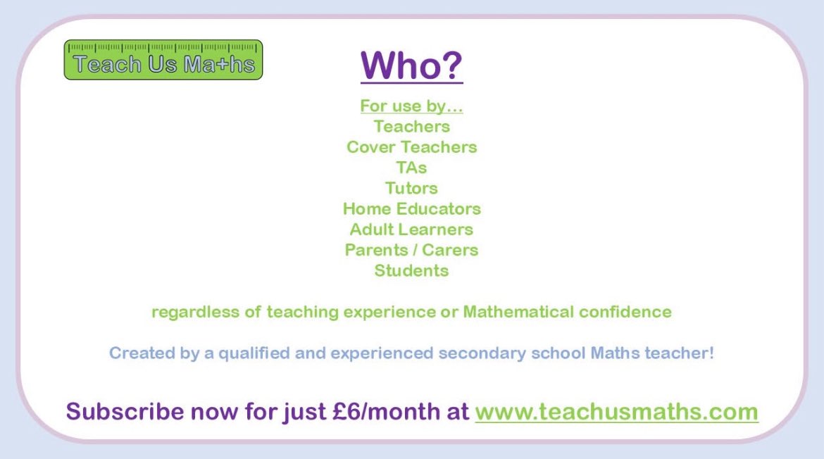 TeachUsMaths's tweet photo. Teachers…
Are you looking for affordable and quality resources?

Subscribe at https://t.co/Y8B7Jtvd6N for £6/month!

For more information watch this short video https://t.co/ahHoifbVWp

#maths #teachers #keystage3 #gcse #teachusmaths https://t.co/F3ADNhocrC